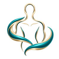 Abstract human figure surrounded by restorative teal and gold waves. Abstract human figure surrounded by restorative teal and gold waves.