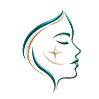 Teal and gold face profile with a radiant cheek sparkle. Teal and gold face profile with a radiant cheek sparkle.