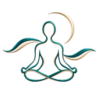 Serene seated figure surrounded by calming teal and gold waves. Serene seated figure surrounded by calming teal and gold waves.