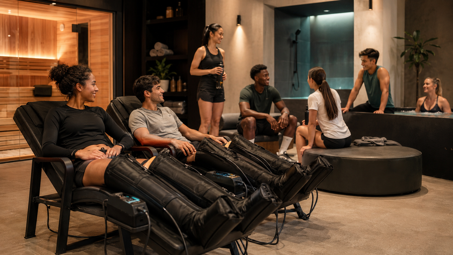 Athletes using compression boots together in a recovery lounge.