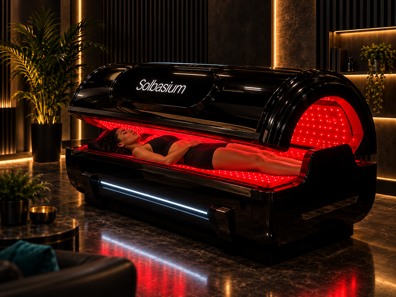 Woman relaxing inside a glowing Solbasium Helios 3-in-1 red light therapy pod at Kinetic Sanctuary.