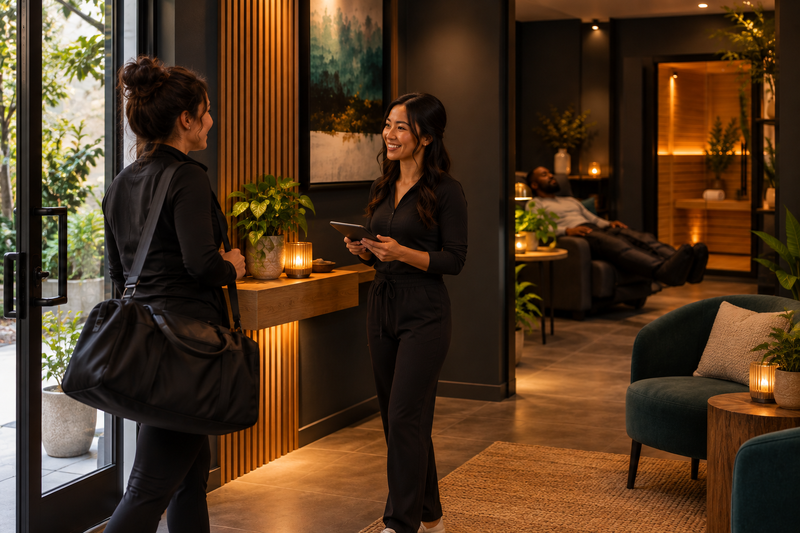 A guest is welcomed into a luxury recovery studio with warm lighting, wood accents, and a seating area.